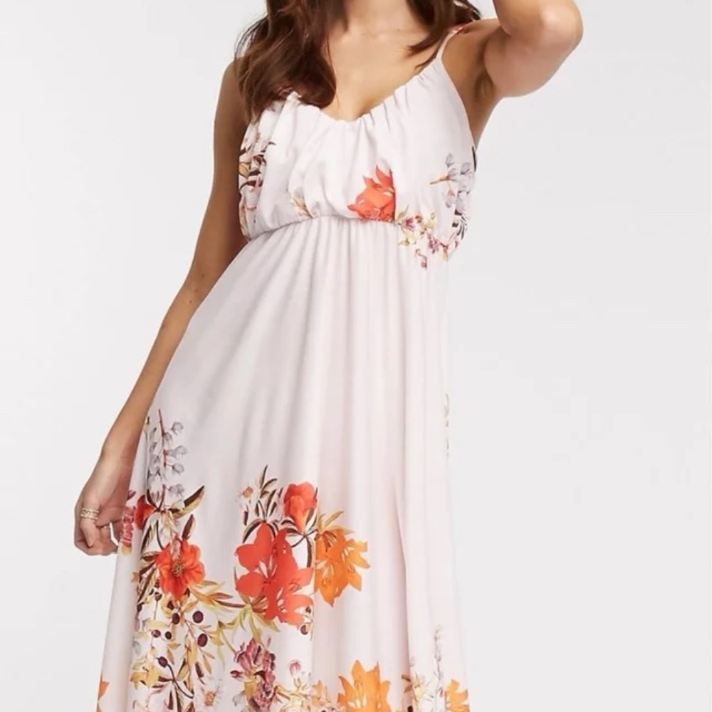 ASOS Light Pink Spaghetti Strap Maxi Dress with Orange Floral Pattern, Size 8
